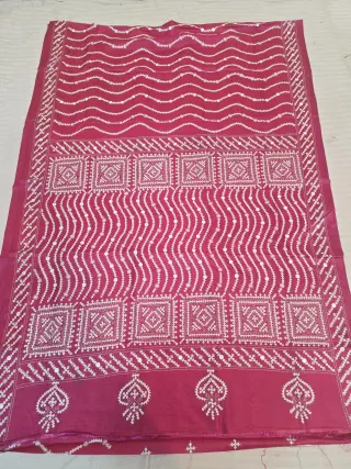 Rani Pink Blended Bangalore Silk Saree with Heavy Gujarati Maika Stitch Work
