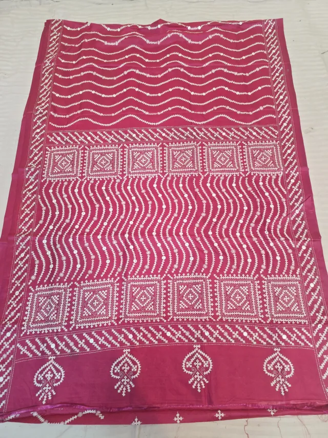 Rani Pink Blended Bangalore Silk Saree with Heavy Gujarati Maika Stitch Work