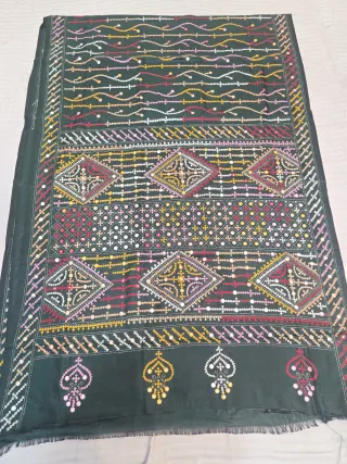 Bottle Green Blended Bangalore Silk Saree with Heavy Multi-Colour Gujarati Maika Stitch Work