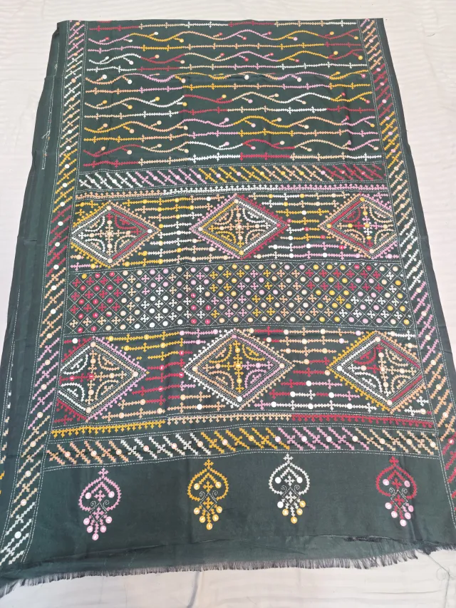 Bottle Green Blended Bangalore Silk Saree with Heavy Multi-Colour Gujarati Maika Stitch Work