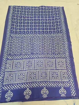Peacock Blue Blended Bangalore Silk Saree with Heavy Gujarati Maika Stitch Work
