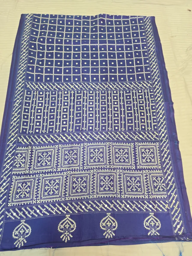 Peacock Blue Blended Bangalore Silk Saree with Heavy Gujarati Maika Stitch Work