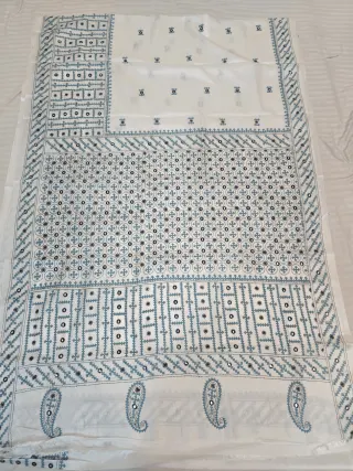 Off-White with Teal Blue Thread Gujarati Maika Stitch Blended Bangalore Silk Saree