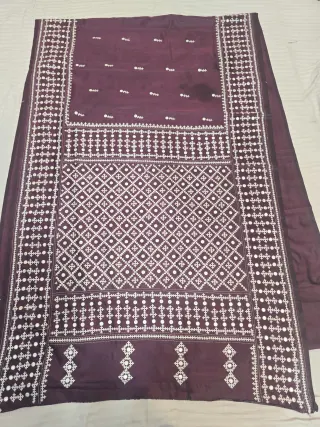Deep Wine Maroon Blended Bangalore Silk Saree with Gujarati Maika Stitch Work
