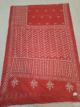Crimson Red Blended Bangalore Silk Saree with Gujarati Maika Stitch Work