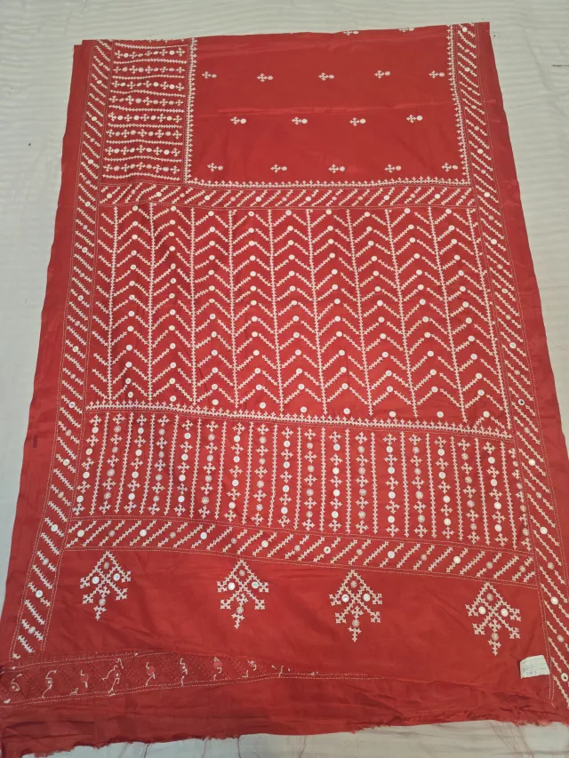 Crimson Red Blended Bangalore Silk Saree with Gujarati Maika Stitch Work
