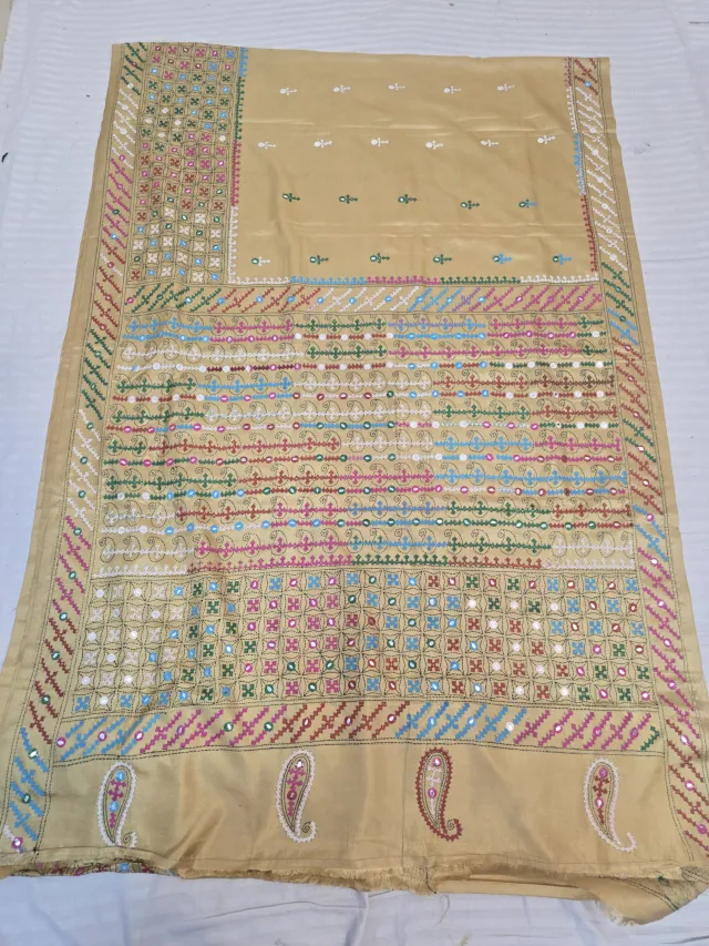 Tussar Gold Blended Bangalore Silk Saree with Multi-Colour Gujarati Maika Stitch Work