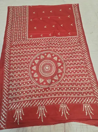 Red Blended Bangalore Silk Saree with Mandala Gujarati Maika Stitch Work