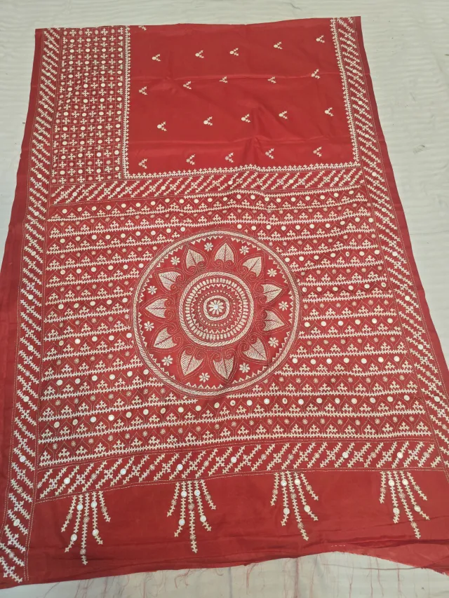 Red Blended Bangalore Silk Saree with Mandala Gujarati Maika Stitch Work