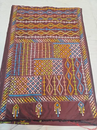 Dark Chocolate Maroon Blended Bangalore Silk Saree with Multi-Colour Gujarati Maika Stitch Work