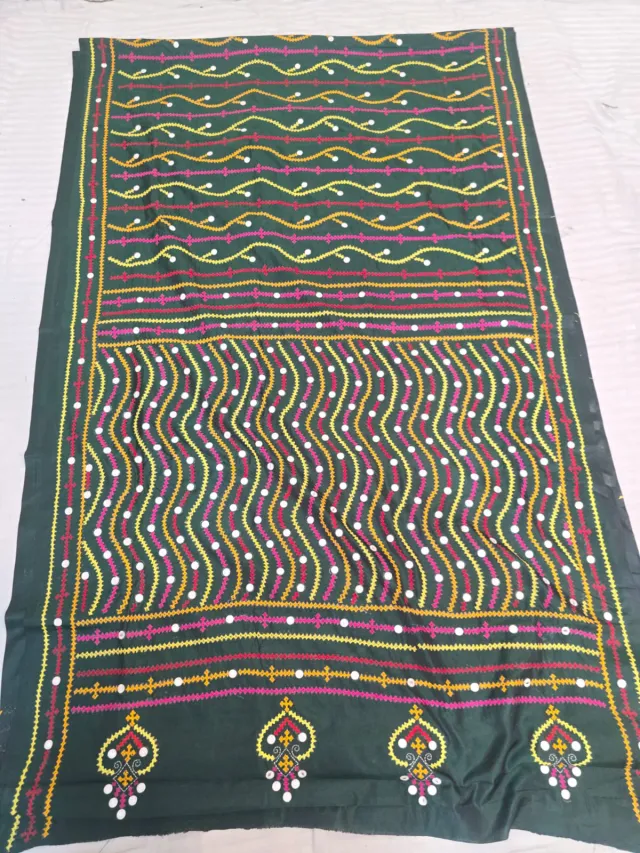 Bottle Green Blended Bangalore Silk Saree with Multi-Colour Gujarati Maika Stitch Work