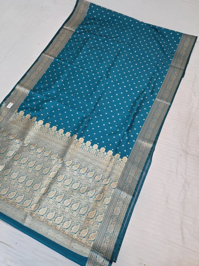 Peacock Blue Mashru Katan Saree with Gold Zari Brocade Work