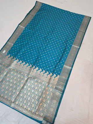Peacock Blue Mashru Katan Saree with Gold Zari Brocade Work