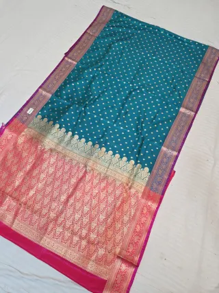 Peacock Blue with Rani Pink Contrast Mashru Katan Saree with Gold Zari Brocade Work