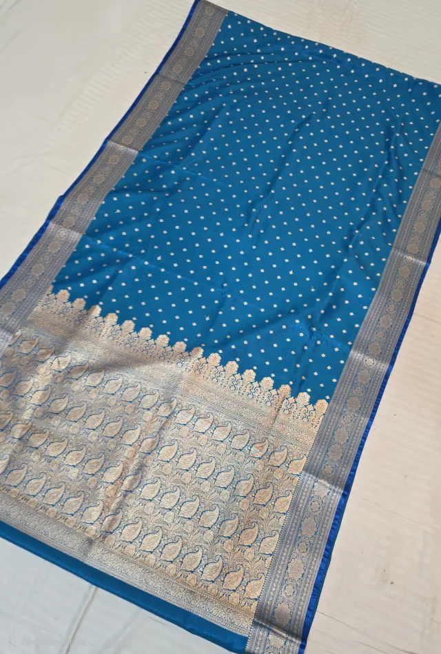 Sky Blue Mashru Katan Saree with Gold Zari Brocade Work