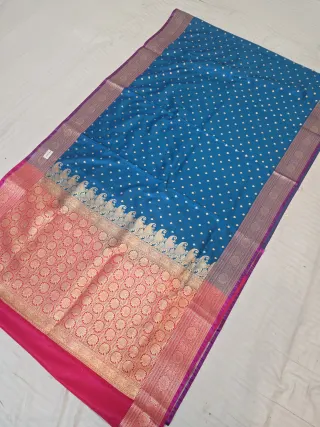 Peacock Blue with Rani Pink Contrast Mashru Katan Saree with Gold Zari Brocade Work