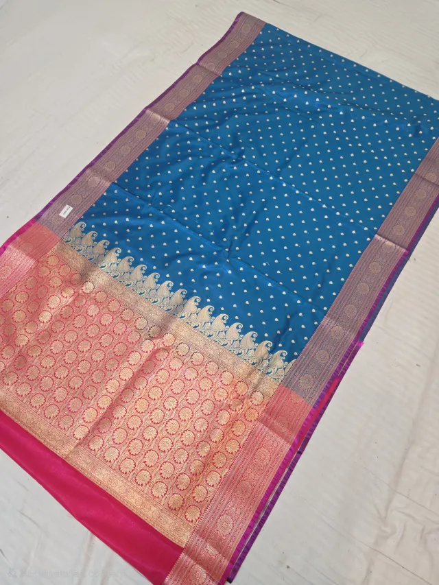 Peacock Blue with Rani Pink Contrast Mashru Katan Saree with Gold Zari Brocade Work