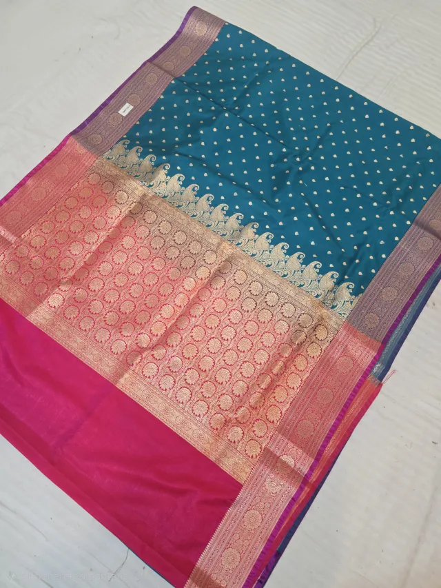 Peacock Blue with Rani Pink Contrast Mashru Katan Saree with Gold Zari Brocade Work