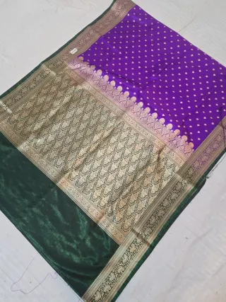 Royal Purple with Bottle Green Contrast Mashru Katan Saree with Gold Zari Brocade Work
