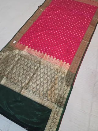 Rani Pink with Bottle Green Contrast Mashru Katan Saree with Gold Zari Brocade Work