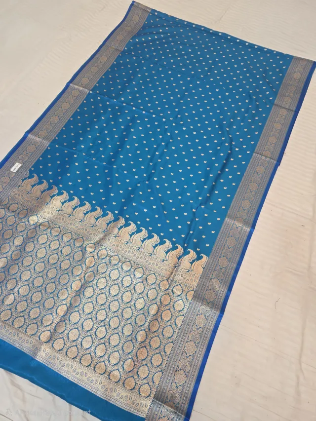 Cerulean Blue Mashru Katan Saree with Gold Zari Brocade Work