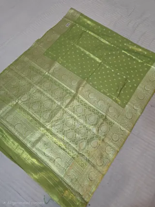 Premium Parrot Green with Silver-Gold Zari Glass Tissue Premium Replica Silk Saree