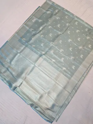 Premium Sky Blue with Silver Zari Glass Tissue Premium Replica Silk Saree