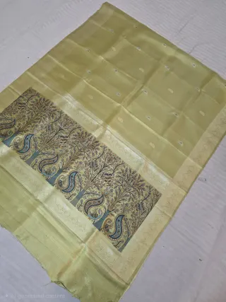 Premium Mustard Yellow with Kalamkari Tree of Life Print Glass Tissue Premium Replica Silk Saree