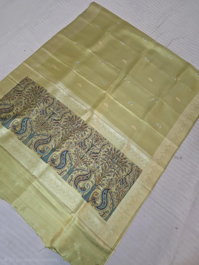 Premium Mustard Yellow with Kalamkari Tree of Life Print Glass Tissue Premium Replica Silk Saree