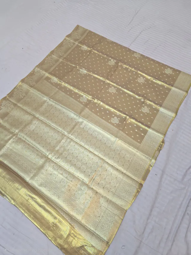 Premium Beige Gold with Zari Glass Tissue Premium Replica Silk Saree
