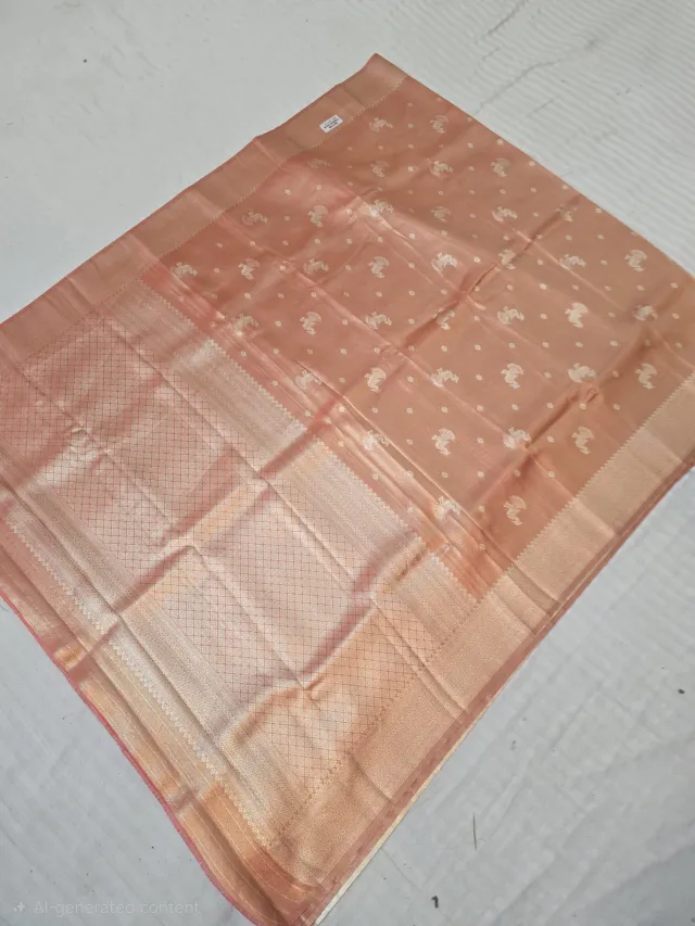 Premium Peach with Silver-Gold Zari Glass Tissue Premium Replica Silk Saree