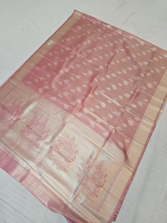 Premium Dusty Rose Pink with Silver-Gold Zari Glass Tissue Premium Replica Silk Saree