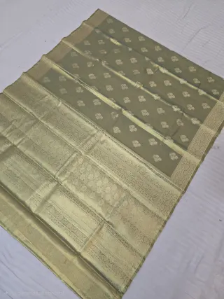 Premium Olive Grey with Gold Zari Glass Tissue Premium Replica Silk Saree
