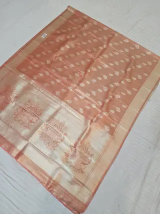 Premium Peach with Silver-Gold Zari Glass Tissue Premium Replica Silk Saree