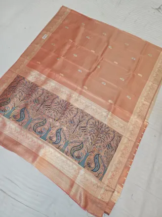 Premium Rust Peach with Kalamkari Tree of Life Print Glass Tissue Premium Replica Silk Saree