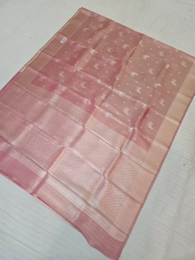 Premium Rose Pink with Silver Zari Glass Tissue Premium Replica Silk Saree