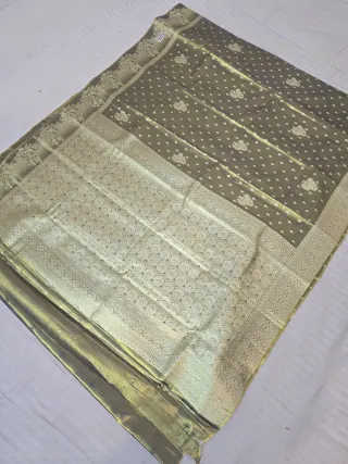 Premium Olive Green with Gold Zari Glass Tissue Premium Replica Silk Saree
