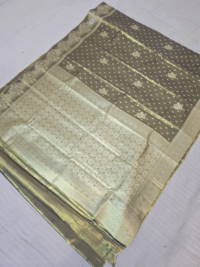Premium Olive Green with Gold Zari Glass Tissue Premium Replica Silk Saree