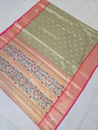Premium Pistachio Olive with Rani Pink Border Glass Tissue Premium Replica Silk Saree
