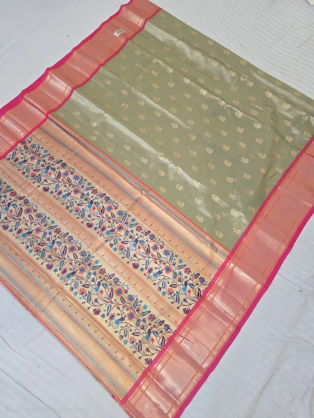 Premium Pistachio Olive with Rani Pink Border Glass Tissue Premium Replica Silk Saree