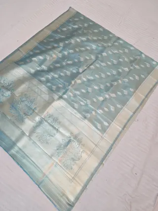 Premium Sky Blue with Silver-Gold Zari Glass Tissue Premium Replica Silk Saree