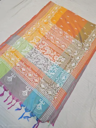 Multicolor Hand Embroidered 3D Kantha Stitch Blended Bangalore Silk Saree