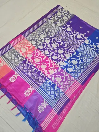 Royal Purple and Magenta Multicolor 3D Kantha Stitch Blended Bangalore Silk Saree