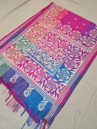 Hot Pink and Peacock Blue Multicolor 3D Kantha Stitch Blended Bangalore Silk Saree.