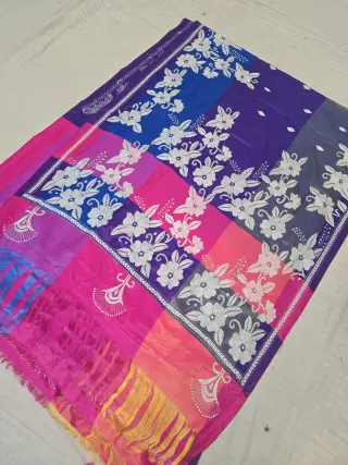Violet and Rani Pink Multicolor 3D Kantha Stitch Blended Bangalore Silk Saree