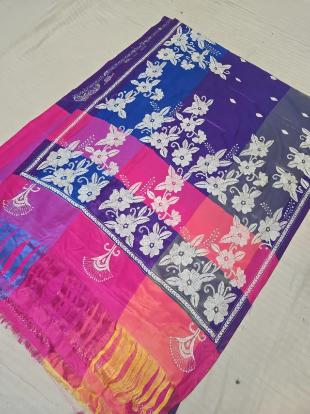 Violet and Rani Pink Multicolor 3D Kantha Stitch Blended Bangalore Silk Saree