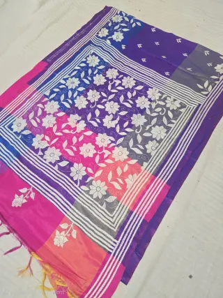 Purple and Rani Pink Multicolor 3D Kantha Stitch Blended Bangalore Silk Saree
