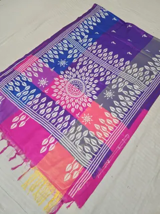 Rani Pink and Royal Purple Sunburst Multicolor 3D Kantha Stitch Blended Bangalore Silk Saree