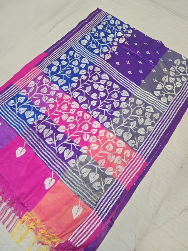 Rani Pink and Blue Leaf Vine Multicolor 3D Kantha Stitch Blended Bangalore Silk Saree
