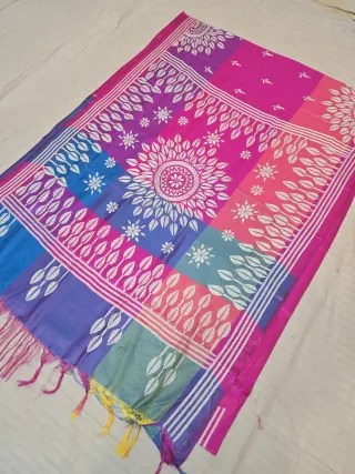 Rani Pink and Aqua Blue Sunburst Mandala 3D Kantha Stitch Blended Bangalore Silk Saree